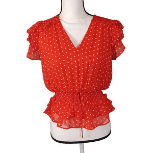 Tamara H. Red Polka Dot Ruffle Tie Neck Blouse Smocked Waist S/P ❤️